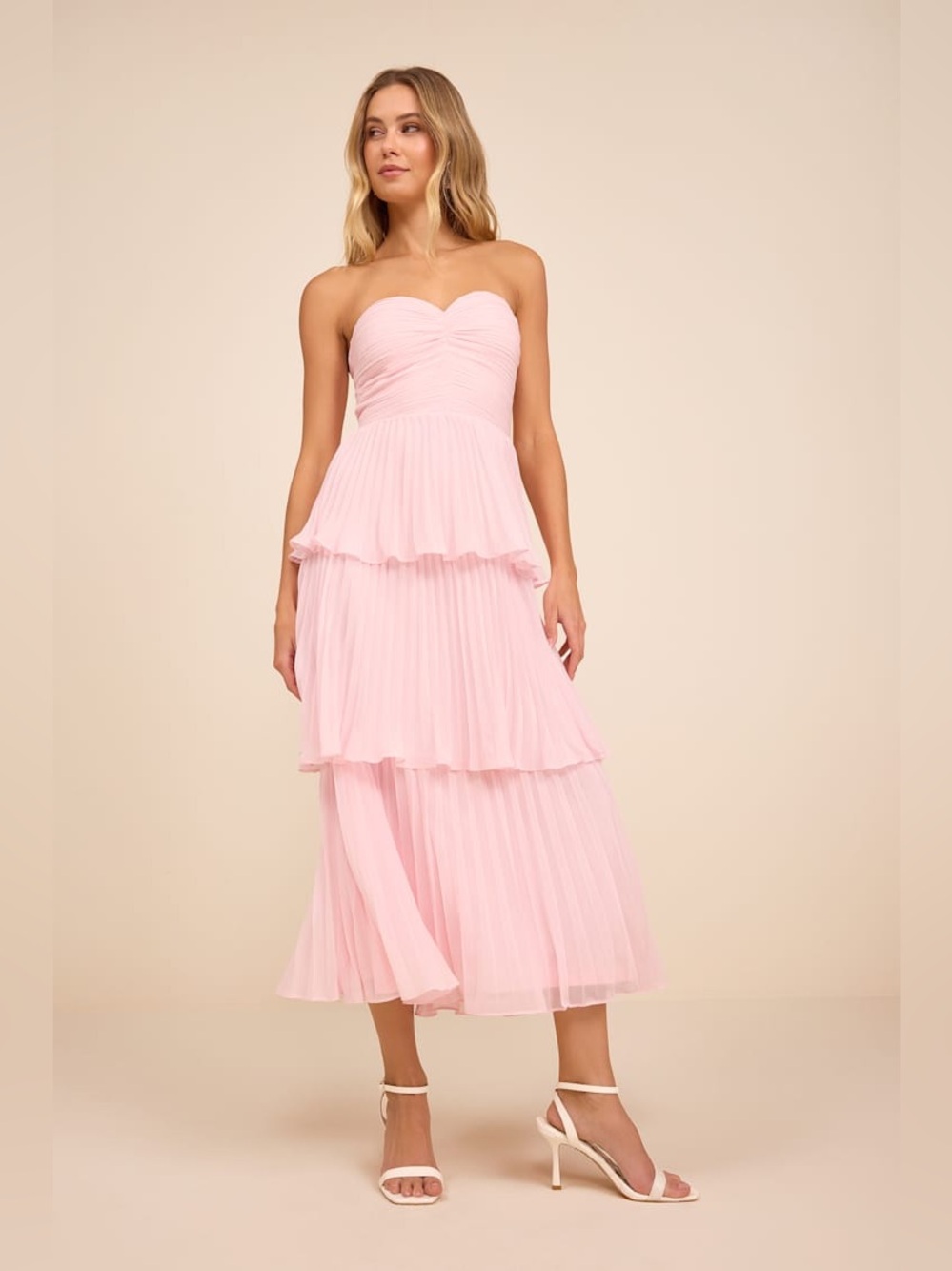 Lulus Seriously Sensational Blush Pink Strapless Tiered Midi Dress New with Tags